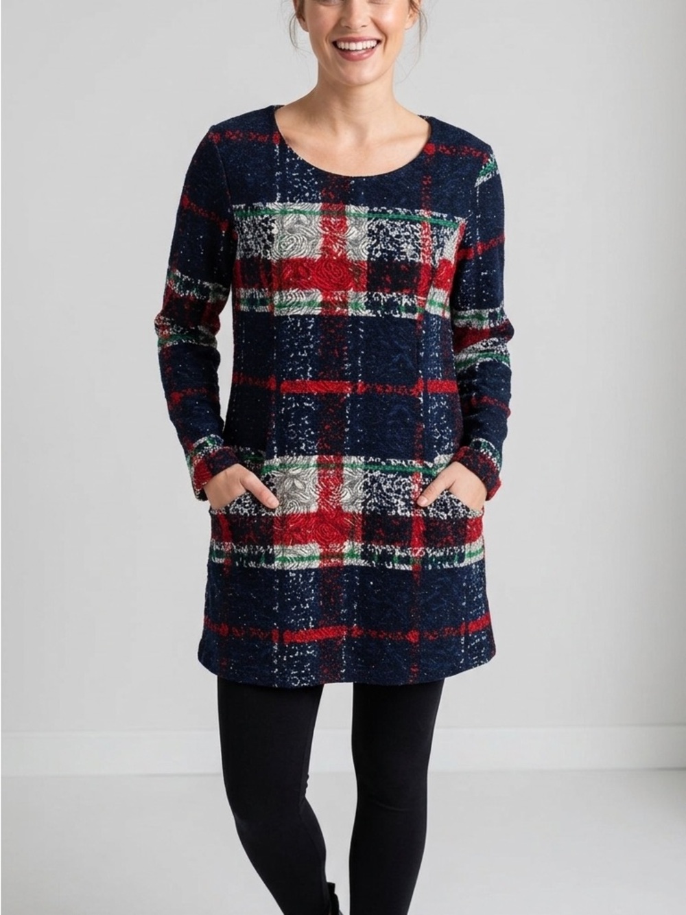Plaid Knit Tunic Top - Navy, Red & Green